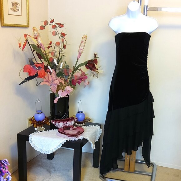 Vintage M Collection Black Maxi Evening Dress VTG Elegant Ruffled Strapless Gown - Picture 2 of 12